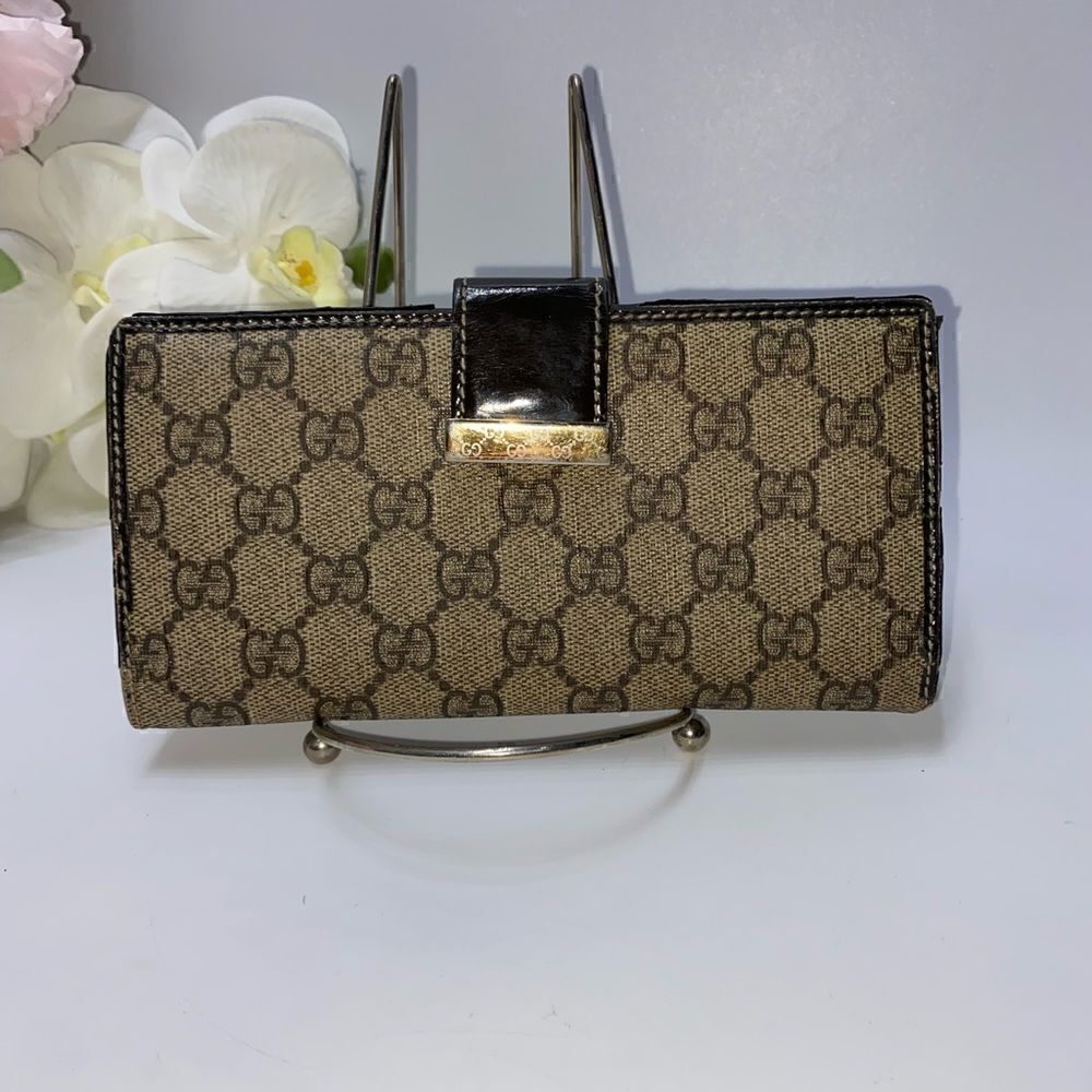 AUTHENTIC GUCCI GG Logo Canvas Leather Trim Long Clutch Wallet